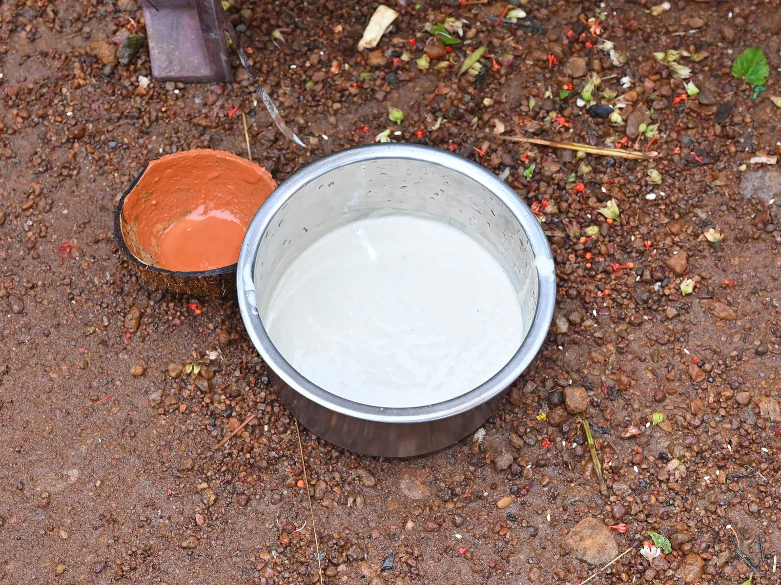 Two clay pastes, one orange in a coconut shell and one white in a steel bowl, on red earth.